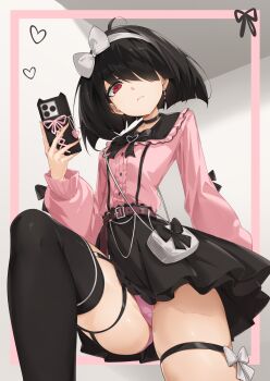 1girl bitterpain black_bow black_hair black_ribbon black_skirt black_thighhighs bow breasts cellphone commentary english_commentary frilled_shirt frills hair_over_one_eye hairband high-waist_skirt highres holding holding_phone jirai_kei looking_at_viewer medium_hair original panties phone pink_panties pink_shirt red_eyes ribbon shirt skirt small_breasts smartphone solo thigh_strap thighhighs thighs underwear white_hairband
