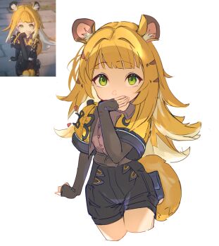 1girl absurdres animal_ears black_gloves black_shorts blonde_hair buttons commentary covering_own_mouth cropped_legs fingerless_gloves game_screenshot_inset gloves green_eyes grey_shirt highres jacket ju_fufu kario long_hair looking_at_viewer screenshot_inset shirt shorts simple_background solo tail tiger_ears tiger_girl tiger_tail white_background yellow_jacket zenless_zone_zero