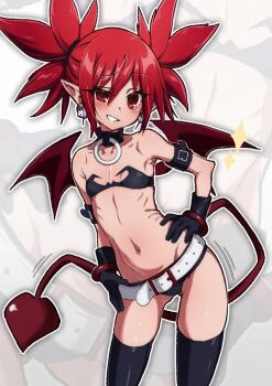 1girl arm_belt bandeau bare_shoulders belt black_bandeau black_belt black_collar black_gloves black_shorts black_thighhighs blush collar contrapposto cowboy_shot demon_girl demon_tail demon_wings disgaea earrings etna_(disgaea) flat_chest gloves gluteal_fold grin hair_between_eyes hand_on_own_hip highres jewelry looking_at_viewer makai_senki_disgaea micro_shorts motion_lines naoillus navel o-ring_collar outline pointy_ears red_eyes red_hair red_tail red_wings shorts skinny skull_earrings smile solo standing tail thighhighs twintails uneven_eyes white_belt white_outline wings