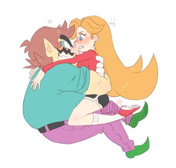 1boy 1girl bad_deviantart_id bad_id blue_eyes blush brown_hair clenched_teeth cutie-png facial_hair green_footwear green_shirt kneehighs long_hair mona_(warioware) mustache nintendo orange_hair pants pointy_ears purple_pants red_footwear red_shirt shirt shorts simple_background socks straddling teeth thick_eyebrows upright_straddle wario warioware white_background white_socks