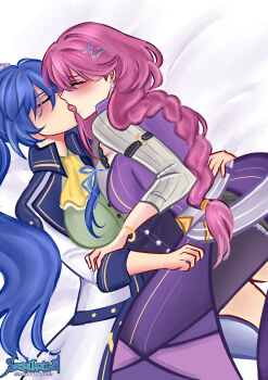 2girls absurdres artist_logo blue_hair bracelet braid breasts commentary commission eiyuu_densetsu emma_millstein english_commentary french_kiss hair_ornament hairclip highres jewelry kiss large_breasts laura_s._arseid logo long_hair long_sleeves multiple_girls neckerchief on_bed pink_hair ponytail sen_no_kiseki sen_no_kiseki_(series) sen_no_kiseki_iii seralalaaa single_braid yellow_neckerchief yuri
