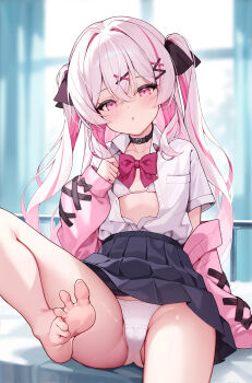 1girl :o barefoot black_bow black_choker black_ribbon black_skirt blush bow bowtie bra breast_pocket cameltoe cardigan choker commentary_request cross-laced_clothes cross-laced_sleeves crossed_bangs crotch_seam dot_nose feet flat_chest foot_out_of_frame foot_up hair_between_eyes hair_ornament hair_ribbon highres indoors long_bangs long_hair miniskirt off_shoulder on_bed open_cardigan open_clothes open_shirt original panties parted_lips partially_visible_vulva pink_bow pink_bowtie pink_cardigan pink_eyes pink_hair pinki_o64 pleated_skirt pocket presenting_foot ribbon school_uniform shirt shirt_tucked_in short_sleeves sitting skirt sleeve_bow solo string_bra toes twintails unbuttoned underwear very_long_hair white_bra white_panties white_shirt x_hair_ornament