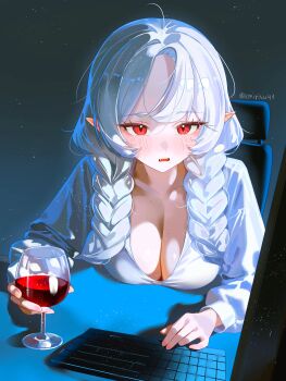 1girl absurdres alcohol blush braid breasts chair cleavage collarbone commentary commission computer computer_keyboard cup drinking_glass emirisu english_commentary fangs forehead hair_over_shoulder highres holding holding_cup indie_virtual_youtuber large_breasts light_particles long_hair looking_at_screen low_twin_braids mole mole_on_breast mole_on_collarbone mole_under_mouth monitor on_chair ophelia_valentine pink_nails pointy_ears red_eyes red_wine screen_light second-party_source shirt sitting solo twin_braids twitter_username vampire vgen_commission virtual_youtuber white_hair white_shirt wine wine_glass