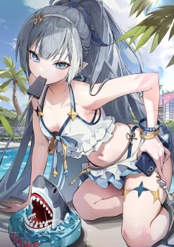 1girl absurdres bare_shoulders bikini bikini_skirt biting blue_eyes blue_ribbon breasts cellphone charm_(object) chess_piece extra_pupils fang female_tyrant_(stella_sora) food food_in_mouth frilled_bikini frilled_skirt frills grey_hair hair_ornament hair_ribbon hairband high_ponytail highres holding holding_phone key mouth_hold official_alternate_costume phone pointy_ears ponytail qure_(qxfixh) ribbon skin_fang skirt small_breasts smartphone solo stella_sora swimsuit tyrant_(stella_sora) white_bikini white_hairband wristband