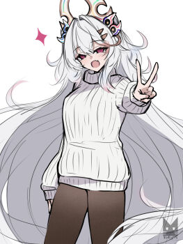 1girl artist_logo baki_(duel_masters) brown_pantyhose commentary_request duel_masters fang gradient_hair hair_ornament highres horns kurokage logo looking_at_viewer multicolored_hair open_mouth pantyhose pink_hair purple_eyes ribbed_sweater solo sparkle sweater turtleneck turtleneck_sweater v white_background white_hair white_sweater