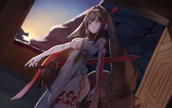 1girl armpits blush breasts cleavage covered_navel cowboy_shot detached_sleeves fingerless_gloves floating floating_object floating_sword floating_weapon gloves highres kaba_(hama) large_breasts leg_tattoo one_eye_closed red_eyes solo sword tail tattoo thighs weapon ye_shunguang zenless_zone_zero