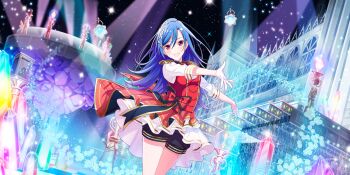 1girl :d black_shorts blue_hair bow breasts bubble building buttons checkered_floor cowboy_shot crystal dot_nose double-breasted dress dutch_angle epaulettes game_cg gloves hair_between_eyes hair_ornament hair_ribbon hairclip highres idol idol_clothes lapis_re:lights large_bow layered_skirt long_hair looking_at_viewer medium_breasts night official_art open_mouth outdoors outstretched_arm plaid_bow red_bow red_eyes red_skirt red_vest ribbon rosetta_(lapis_re:lights) short_sleeves shorts shorts_under_skirt skirt sky smile solo sparkle spire stage_lights stairs star_(sky) starry_sky statue third-party_source tile_floor tiles vest white_dress white_gloves white_ribbon white_skirt