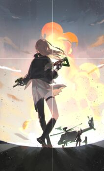 Rule 34 | aircraft, anni de chengzi mao, ar-15, black shoes, black socks, character request, cloud, commentary request, girls' frontline, gun, helicopter, highres, long hair, m4 sopmod ii (girls' frontline), multiple girls, pink hair, rifle, shoes, sky, socks, st ar-15 (girls' frontline), standing, weapon