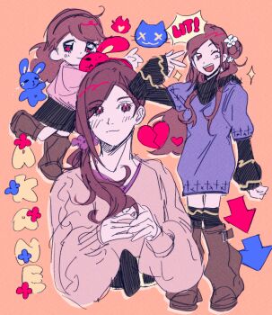 Rule 34 | ;d, aged down, arrow (symbol), black scarf, black skirt, black socks, blush, boots, broken heart, brown boots, brown hair, cable knit, character name, closed mouth, commentary, cropped torso, dixoterin, dress, english commentary, english text, eyelashes, full body, hair bun, hair over shoulder, heart, holding, holding stuffed toy, kneehighs, kurashiki akane, kyokugen dasshutsu, kyokugen dasshutsu: 9 jikan 9 nin 9 no tobira, long hair, long sleeves, multiple persona, one eye closed, open mouth, orange background, own hands together, pink shirt, purple dress, purple eyes, scarf, shirt, side ponytail, simple background, single side bun, skirt, smile, socks, standing, standing on one leg, stuffed animal, stuffed rabbit, stuffed toy, teeth, upper teeth only, v, x x, zero escape: toki no dilemma