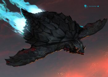 Rule 34 | absurdres, blue fire, blue plasma, daiei film, daiei motion picture, embers, epic, fire, flippers, flying, gamera, gamera (series), glowing, glowing eyes, glowing mouth, highres, kadokawa, kaiju, monster wolf, night, no humans, no pupils, orange eyes, plasma, sea monster, sharp teeth, sky, smoke, tail, teeth, turtle, tusks, white fire, white plasma, yellow eyes