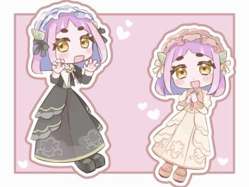 1girl :d black_dress blush_stickers brown_eyes chibi chibi_only dress full_body hair_ornament hairclip heart highres juliet_sleeves lacey_(fall_2025)_(pokemon) lacey_(pokemon) long_sleeves looking_at_viewer maid maid_headdress multiple_views nendo_0603 nintendo official_alternate_color official_alternate_costume open_mouth pink_hair pokemon pokemon_masters_ex puffy_sleeves short_hair smile white_dress
