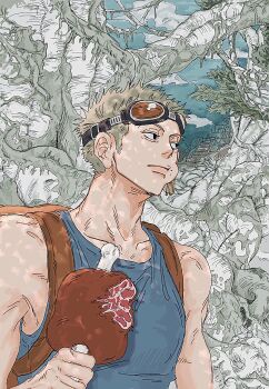 1boy absurdres adam&#039;s_apple blue_tank_top boned_meat branch chewing collarbone earrings food food_on_face goggles goggles_on_head highres jewelry jungle male_focus meat moss muka_111 nature one_piece overgrown pyramid_(structure) roronoa_zoro short_hair sideburns solo tank_top upper_body