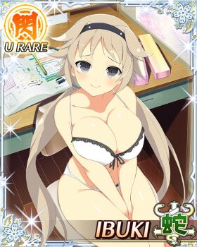 1girl between_legs black_hairband border bra breasts breasts_squeezed_together brown_hair card_(medium) character_name cleavage closed_mouth desk game_cg grey_eyes hairband hand_between_legs ibuki_(senran_kagura) indoors lace lace-trimmed_bra lace_trim large_breasts long_hair looking_at_viewer looking_up low_twintails navel official_art panties senran_kagura senran_kagura_new_wave skindentation smile solo third-party_source twintails underwear underwear_only white_bra white_panties