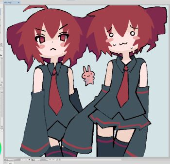 Rule 34 | 1girl, :3, ahoge, art program in frame, bad id, bad tumblr id, blue background, blush stickers, collared shirt, cowboy shot, detached sleeves, drill hair, hair between eyes, kasane teto, kasane teto (utau), looking at viewer, multiple views, necktie, o o, okienero, painttool sai, painttool sai (medium), rabbit, red eyes, red hair, red trim, shirt, simple background, skirt, smile, standing, sweatdrop, twin drills, utau