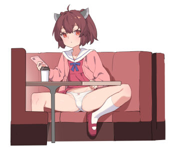 1girl ahoge brown_hair cardigan cellphone clothes_lift dress dress_lift exhibitionism expressionless flat_chest headgear highres looking_at_viewer open_cardigan open_clothes panties phone pink_cardigan public_indecency red_eyes sailor_dress short_hair sitting smartphone solo spread_legs touhoku_kiritan underwear voiceroid white_panties yamamomo_(plank)
