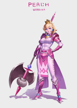 1girl alternate_costume armor armored_boots blonde_hair blue_eyes bodysuit boots breasts character_name crown earrings english_text full_body halberd highres holding holding_polearm holding_weapon jewelry long_hair looking_at_viewer mario_(series) medium_breasts nintendo pauldrons pelvic_curtain phamoz pink_bodysuit pink_boots polearm ponytail princess_peach shoulder_armor solo sphere_earrings warrior weapon