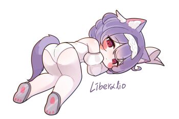1girl all_fours animal_ear_fluff animal_ears ass blush_stickers cat_ears cat_tail closed_mouth commentary detached_sleeves double-parted_bangs english_text goddess_of_victory:_nikke hair_ornament hairband hashtag-only_commentary highres juliet_sleeves leotard liberalio_(nikke) long_sleeves looking_at_viewer looking_back mming_(mmingis18) pantyhose paw_shoes puffy_sleeves purple_hair red_eyes short_hair simple_background solo symbol-only_commentary tail white_background