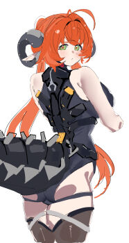 1girl absurdres ass bare_shoulders black_horns blush breasts brown_thighhighs closed_mouth commentary_request curled_horns from_behind green_eyes highres horns large_breasts long_hair mashibon mechanical_horns mechanical_tail orange_hair orange_pupils orphie_magnusson pointy_ears simple_background solo tail thighhighs white_background zenless_zone_zero