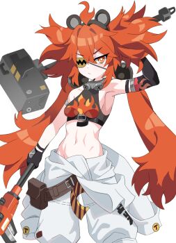 1girl abs ahoge animal_ears armpits bare_shoulders bear_ears black_gloves breasts crop_top eyepatch fake_animal_ears fingerless_gloves gloves hair_between_eyes hair_ornament highres holding koleda_belobog long_hair looking_at_viewer midriff navel pants red_eyes red_hair solo sphere_hair_ornament twintails zenless_zone_zero zzminguzz