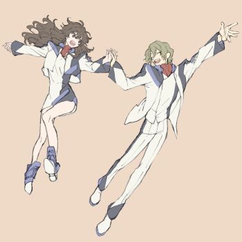 1boy 1girl alvis_uniform ankle_boots ascot blonde_hair boots brown_background brown_hair cropped_jacket dress full_body hino_miwa holding_hands kurusu_misao long_hair michi_naka pants red_ascot short_hair simple_background sketch smile soukyuu_no_fafner striped_sleeves