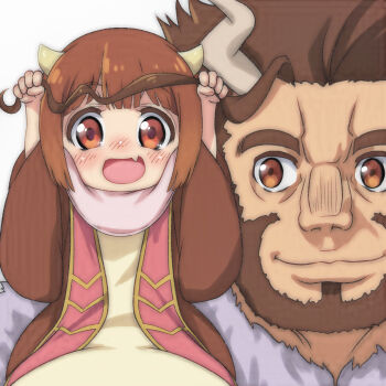 Rule 34 | 1boy, 1girl, ahriman (maou no musume wa yasashisugiru!!), beard, blush, brown dress, brown eyes, brown hair, demon boy, demon girl, demon horns, dou (maou no musume wa yasashisugiru!!), dress, facial hair, fang, father and daughter, grabbing another's hair, holding another's hair, horns, looking at another, looking at viewer, maou no musume wa yasashisugiru!!, open mouth, short hair, short sleeves, sitting, sitting on shoulder, smile, t jiroo (ringofriend), upper body, white background, wide sleeves