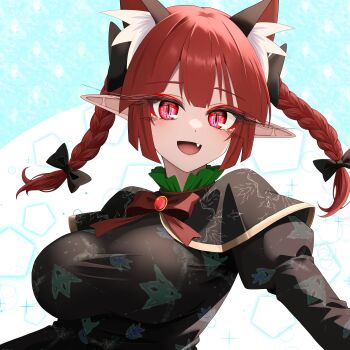 1girl absurdres animal_ears black_dress braid breasts cat_ears cat_girl commentary_request dress extra_ears fang fangs hair_ribbon highres kaenbyou_rin large_breasts long_sleeves looking_at_viewer medium_hair parted_lips pointy_ears red_eyes red_hair ribbon slit_pupils smile solo sugar_you touhou twin_braids upper_body