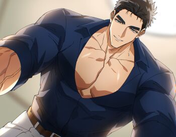 Rule 34 | 1boy, bara, belt, black hair, blue eyes, blue shirt, bodybuilder, brown belt, collarbone, domo (domo kizusuki), from below, kokado shido (domo), large pectorals, looking at viewer, male focus, manly, muscular, muscular arms, muscular male, original, pants, partially open shirt, pectoral cleavage, pectorals, pov, shirt, short hair, shredded muscles, sideburns, smile, tareme, thick eyebrows, v-taper, veins, veiny arms, white pants