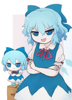 2girls azuma_meri blue_bow blue_dress blue_eyes blue_hair bow cirno closed_mouth collared_shirt commentary_request crossed_arms detached_wings dress dual_persona fumo_(doll) hair_bow highres ice ice_wings looking_at_viewer multiple_girls neck_ribbon open_mouth pinafore_dress puffy_short_sleeves puffy_sleeves red_ribbon ribbon shirt short_sleeves sleeveless sleeveless_dress smile touhou white_shirt wings
