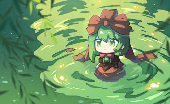 1girl blurry blurry_foreground chibi chibi_only closed_mouth commentary dress front_ponytail green_eyes green_hair hair_ribbon highres kagiyama_hina long_hair outdoors plant red_dress red_ribbon ribbon solo touhou wading water yinyuefeng