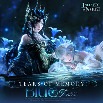 2girls 3d album_cover aqua_eyeshadow artist_request bare_shoulders black_dress black_gloves black_hair blue_eyes blue_flower brooch cave closed_mouth collarbone commentary copyright_logo cover crown detached_sleeves dress earrings english_commentary english_text eyeshadow feather_hair_ornament feathers flower fur-trimmed_dress fur-trimmed_sleeves fur_trim gloves gold_crown gown grey_hair grey_lips hair_ornament half-closed_eyes halter_dress halterneck highres in-universe_location infinity_nikki jewelry lace lace-trimmed_dress lace_trim lake layered_sleeves light_particles lipstick logo long_hair long_sidelocks long_sleeves looking_at_another lying makeup mascara medium_hair multiple_girls necklace nightlight_whispers_(infinity_nikki) nikki_(series) off-shoulder_dress off_shoulder official_art on_stomach own_hands_together partially_submerged pom_pom_(clothes) pom_pom_earrings pom_pom_hair_ornament puffy_long_sleeves puffy_sleeves reflection reflective_liquid sad see-through_clothes see-through_sleeves short_over_long_sleeves short_sleeves sidelocks slit_pupils tide_of_tears_(infinity_nikki) title upper_body very_long_hair white_dress white_sleeves