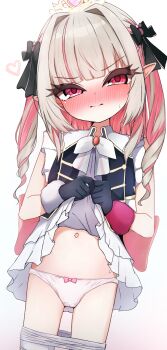 1girl absurdres bike_shorts bike_shorts_pull black_gloves blush bow bow_panties closed_mouth clothes_lift clothes_pull dress dress_lift gloves grey_hair heart highres huucha_(cpaf5377) lifting_own_clothes loli long_hair looking_at_viewer makaino_ririmu multicolored_hair navel nijisanji nose_blush paid_reward_available panties pink_hair pointy_ears short_shorts shorts shorts_pull simple_background solo two-tone_hair underwear variant_set virtual_youtuber white_background white_panties white_shorts