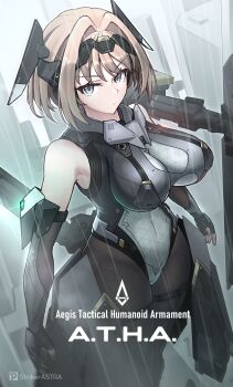 1girl bare_shoulders black_gloves blonde_hair blue_eyes bodystocking bodysuit breasts brown_hair character_name elbow_gloves fingerless_gloves giant giantess gloves grey_bodysuit gun hair_intakes headgear highres impossible_bodysuit impossible_clothes large_breasts leotard looking_at_viewer mecha_musume original pantyhose rain sherman_(egnk2525) short_hair shoulder_cannon solo weapon