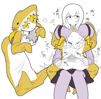 Rule 34 | 1futa, 1girl, :3, animal costume, blonde hair, breasts, bulge, carrying, carrying person, closed mouth, colored tongue, cum, cum on clothes, erection, erection under clothes, futa with female, futanari, golden number (vocaloid), heart, height difference, huge breasts, iyowa girls, kaneko (iyowa), kinki-chan (iyowa), long hair, looking to the side, low twintails, medoshikorinda, mesugaki, motion lines, penis, purple eyes, purple shirt, purple skirt, purple thighhighs, shark costume, shirt, short hair, simple background, skirt, suspenders, sweat, thighhighs, tongue, tongue out, turtleneck, turtleneck shirt, twintails, vocaloid, watashi wa kinki (vocaloid), white background, white hair, yellow eyes, yellow tongue