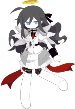 1girl ahoge angel angel_wings blue_eyes boots colored_skin eyelashes feathered_wings funamusea funamusea_(style) grey_hair hair_ornament hair_ribbon halo jacket long_hair multiple_wings official_art pantyhose ribbon shoes socks sol_(funamusea) striped_clothes striped_pantyhose striped_socks vertical-striped_clothes vertical-striped_pantyhose vertical-striped_socks white_background white_boots white_jacket winged_shoes wings