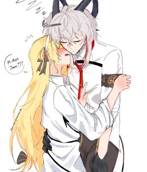 2girls black_gloves blonde_hair blush closed_eyes closed_mouth collared_shirt commentary dress english_text flying_sweatdrops gloves grey_hair hand_blush hand_on_another's_waist hashtag-only_commentary highres horns multiple_girls necktie norris0705 open_mouth phoebe_(wuthering_waves) red_necktie red_streaks shirt simple_background speech_bubble white_background white_dress white_shirt wuthering_waves yuri zani_(wuthering_waves)