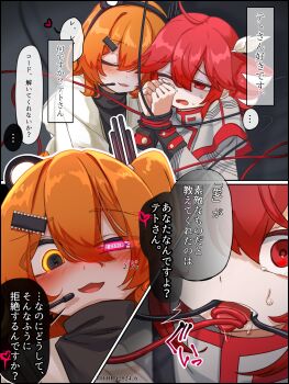 2girls a.i._voice adachi_rei black_shirt blush bound bound_wrists breasts cable closed_eyes commentary_request computer_chip crying crying_with_eyes_open error_message furrowed_brow grey_shirt hair_between_eyes hair_ornament hands_up headlamp heart highres karasu2020_8 kasane_teto long_sleeves multiple_girls one_eye_closed orange_hair parted_lips radio_antenna red_eyes red_hair saliva shirt short_hair small_breasts smile tears tongue tongue_out translation_request turn_pale turtleneck turtleneck_shirt utau yellow_eyes yuri