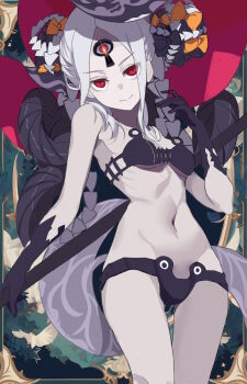 1girl abigail_williams_(fate) abigail_williams_(swimsuit_foreigner)_(fate) abigail_williams_(swimsuit_foreigner)_(first_ascension)_(fate) bare_shoulders bikini black_bikini black_bow black_hands bow breasts colored_extremities colored_skin double_bun fate/grand_order fate_(series) forehead hair_bow hair_bun highres itagaki_rihito keyhole long_hair looking_at_viewer navel orange_bow parted_bangs red_eyes sidelocks small_breasts smile solo staff swimsuit tentacles thighs third_eye twintails veil very_long_hair white_hair white_skin