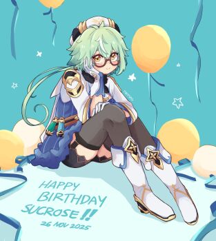 1girl animal_ears blush commentary english_commentary glasses gloves green_hair hair_between_eyes happy_birthday hat highres long_hair long_sleeves looking_at_viewer open_mouth orange_eyes ponytail ranruns6308 semi-rimless_eyewear smile solo sucrose_(genshin_impact) thighhighs
