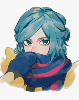 1boy androgynous aqua_eyes aqua_hair blue_mittens blue_scarf covered_mouth grusha_(pokemon) hand_up highres itou_(very_ito) jacket long_sleeves looking_at_viewer male_focus mittens nintendo pink_scarf pokemon pokemon_sv portrait scarf scarf_over_mouth solo two-tone_scarf white_background yellow_jacket