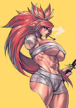 1girl abs absurdres amputee baiken bandaged_arm bandages breast_band breasts chest_sarashi cleavage cropped_legs guilty_gear highres holding holding_sword holding_weapon huge_breasts missing_limb muscular muscular_female pipe_in_mouth red_eyes red_hair sarashi smoking_pipe sword underboob virgoart weapon