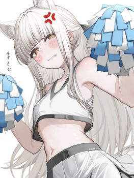 1girl absurdres alternate_costume anger_vein animal_ears arknights blush breasts cheerleader commentary crop_top crop_top_overhang cropped_shirt extra_ears hands_up highres holding holding_pom_poms horse_ears horse_girl long_hair looking_at_viewer midriff navel orange_eyes parted_lips platinum_(arknights) pleated_skirt pom_pom_(cheerleading) pom_poms shirt simple_background skirt small_breasts solo tab_head white_background white_hair white_shirt white_skirt