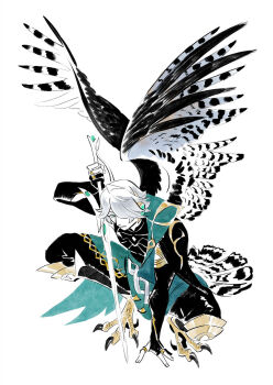 Rule 34 | 1boy, alhaitham (genshin impact), arm up, bird boy, bird wings, black gloves, black pants, black shirt, blue eyes, cape, closed mouth, commentary, commentary request, elbow gloves, english commentary, feathers, fingerless gloves, french commentary, frown, full body, genshin impact, gloves, green cape, hair over one eye, hwei, kneeling, looking at viewer, male focus, mixed-language commentary, multilingual commentary, one eye covered, pants, parted hair, shirt, simple background, solo, talons, white background, wings