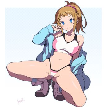 1girl 2024 batta_16-sei blue_eyes blue_jacket bra breasts brown_hair cameltoe cleavage gundam gundam_build_fighters gundam_build_fighters_try highleg highleg_panties highres hoshino_fumina jacket kneeling large_breasts long_hair looking_at_viewer midriff navel open_clothes open_jacket panties partially_visible_vulva ponytail shoes signature simple_background smile solo solo_focus sports_bra spread_legs squatting thong underwear white_shoes