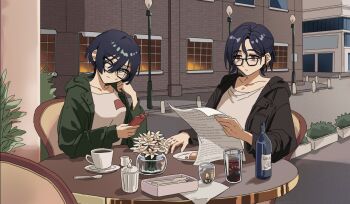 1boy 1girl alternate_hair_color amate_yuzuriha aqua_eyes bespectacled black-framed_eyewear black_hair black_jacket cafe candle cellphone coffee coffee_mug commentary_request cup drink drinking_glass flower glass_bottle glasses green_jacket gundam gundam_gquuuuuux hair_between_eyes head_rest holding holding_newspaper holding_phone hood hood_down hoodie jacket looking_to_the_side mug newspaper o6nuqm open_clothes open_jacket phone reading red_eyes round_table shirt short_hair shuji_ito smartphone sweatdrop t-shirt table wavy_hair white_flower white_shirt