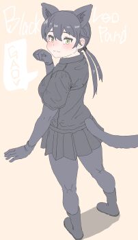 1girl :3 absurdres animal_ears black_boots black_gloves black_hair black_leopard_(kemono_friends) black_pantyhose black_shirt blush boots collared_shirt elbow_gloves extra_ears from_above from_behind gloves green_eyes hair_between_eyes highres kemono_friends kumasyan1998 leopard_ears leopard_girl leopard_tail long_hair looking_at_viewer looking_back pantyhose shirt short_sleeves sidelocks solo t-shirt tail twintails