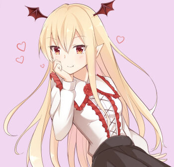 Rule 34 | 1girl, 2019, black skirt, blonde hair, blush, breasts, commentary request, demon wings, flower, granblue fantasy, heart, highres, light smile, long hair, looking at viewer, pink background, pointy ears, red eyes, red flower, red rose, rose, shadowverse, shingeki no bahamut, shirt, skirt, small breasts, solo, user mnzt4342, vampy, white shirt, wings