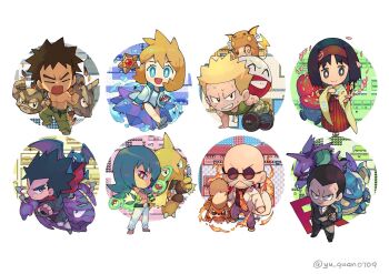 3girls 5boys alakazam asymmetrical_hair bald black_hair blaine_(pokemon) blonde_hair brock_(pokemon) brown_hair charizard electrode_(pokemon) erika_(pokemon) gen_1_pokemon gen_2_pokemon geodude giovanni_(pokemon) golbat green_eyes growlithe gym_leader highres jacket koga_(pokemon) long_hair misty_(pokemon) muk multiple_boys multiple_girls muscular nidoking nidoqueen nintendo one-piece_swimsuit onix orange_hair pokemon pokemon_(creature) pokemon_frlg pokemon_hgss ponytail purple_hair raichu sabrina_(pokemon) shirt short_hair side_ponytail smile starmie staryu surge_(pokemon) swimsuit vileplume white_one-piece_swimsuit