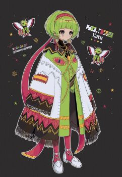 1girl black_background blunt_bangs closed_mouth dated earrings facial_mark full_body gen_2_pokemon green_hair hairband highres jewelry long_sleeves narumame necklace nintendo pantyhose personification pokemon pokemon_(creature) shoes short_hair simple_background standing star_(symbol) twitter_username whisker_markings white_footwear wide_sleeves xatu