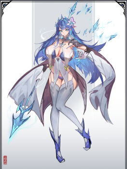 1girl absurdres black_gloves blue_boots blue_bra blue_eyes blue_hair boots bra breast_curtains breasts chinese_commentary cleavage commentary_request flower full_body garter_straps gloves grey_garter_straps grey_thighhighs hair_flower hair_ornament highres holding holding_polearm holding_weapon huge_breasts multicolored_gloves original panties polearm purple_flower purple_panties simple_background solo thighhighs two-tone_gloves underwear weapon white_gloves youlan