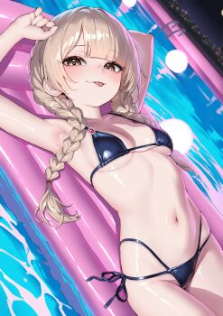 1girl absurdres armpits arms_up bikini black_bikini blonde_hair blunt_bangs blush braid breasts cityscape collarbone commentary groin hair_tie highres indie_virtual_youtuber looking_at_viewer low_twin_braids lying medium_hair moon multi-strapped_bikini_bottom navel night night_sky okayusonmu on_back pool pool_float pool_ladder reflection reflective_liquid sakuraba_oto shiny_skin side-tie_bikini_bottom sky small_breasts smile solo stomach swimsuit tongue tongue_out twin_braids virtual_youtuber water yellow_eyes